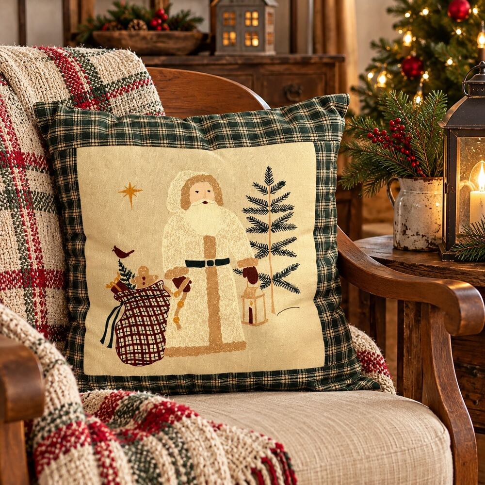 Alice's Cottage Pillow Santa Claus Holiday Home Decor Green Gingham Plaid Cover